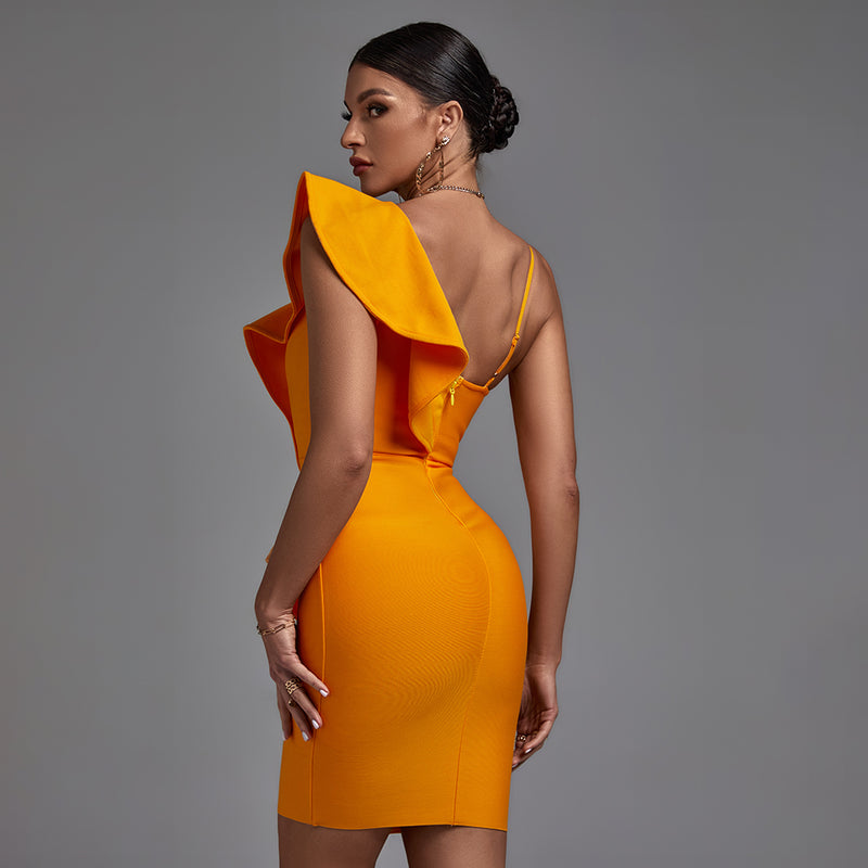 Orange V Neck Sleeveless Asymmetrical Frill Bandage Dress PP21429