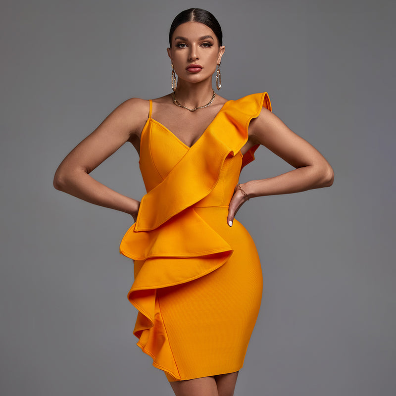 Orange V Neck Sleeveless Asymmetrical Frill Bandage Dress PP21429