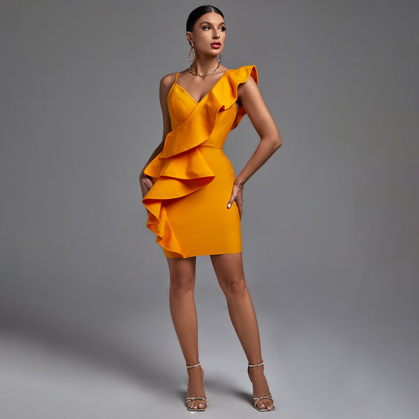 Orange V Neck Sleeveless Asymmetrical Frill Bandage Dress PP21429