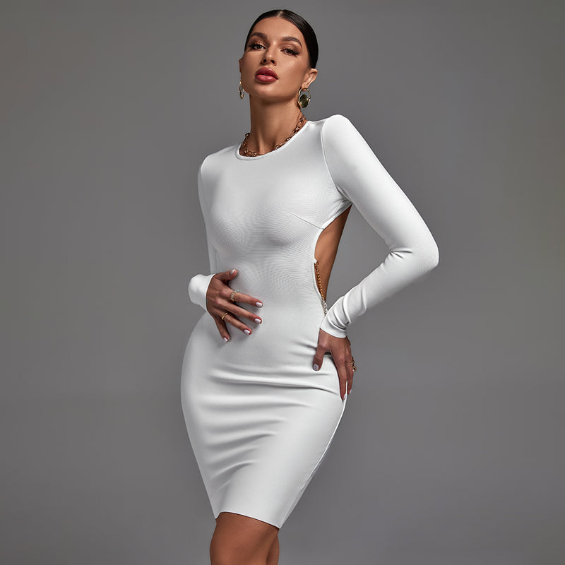 White Round Neck Long Sleeve Backless Bandage Dress PP21604