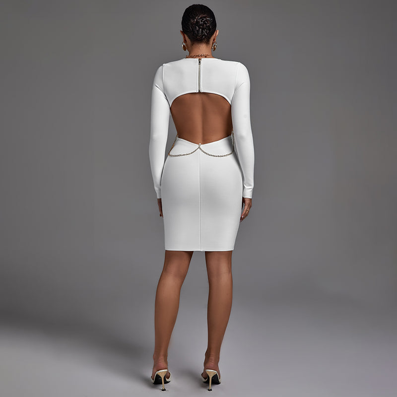 White Round Neck Long Sleeve Backless Bandage Dress PP21604