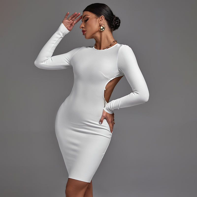 White Round Neck Long Sleeve Backless Bandage Dress PP21604