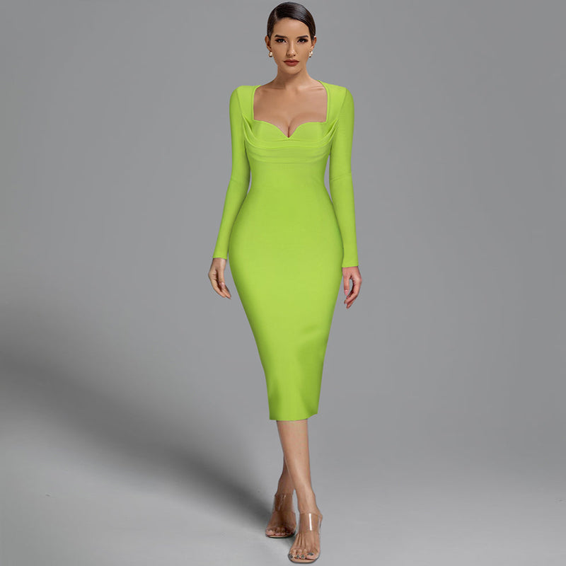 Square Collar Long Sleeve Plain Midi Bandage Dress PP21704
