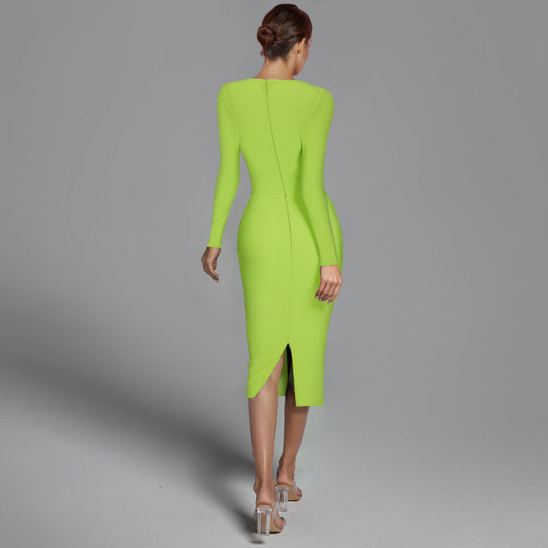 Square Collar Long Sleeve Plain Midi Bandage Dress PP21704