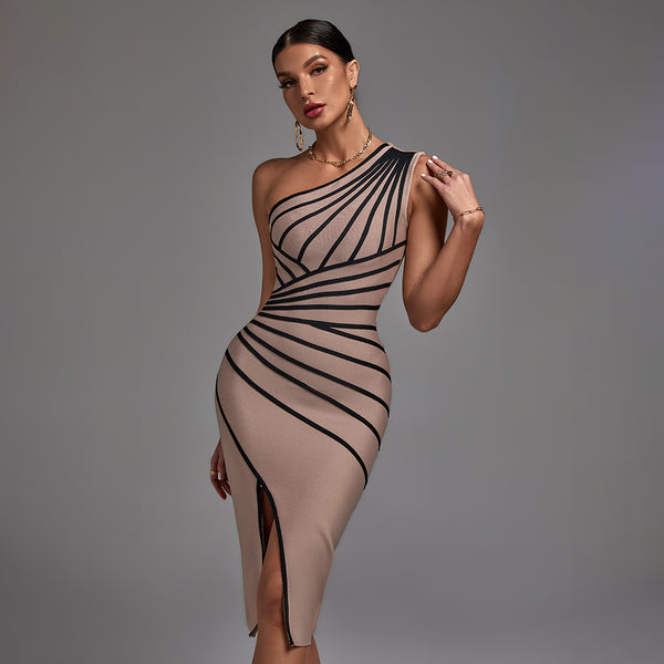 Sleeveless Striped Asymmetrical Midi Bandage Dress PP21711