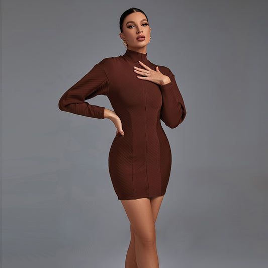 High Neck Long Sleeve Striped Mini Bandage Dress PP21715