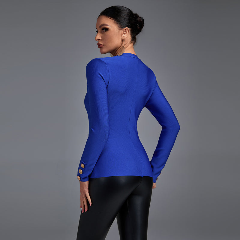 Blue V Neck Long Sleeve Zipper Bandage Coat PP21801