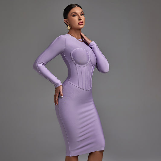 Round Neck Long Sleeve Striped Midi Bandage Dress PP21811