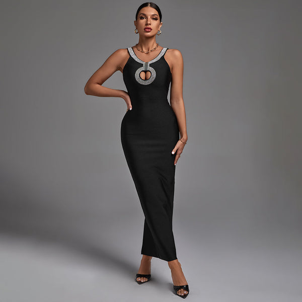 Black Crystal Embroidered Cutout Maxi Bandage Dress PP22024