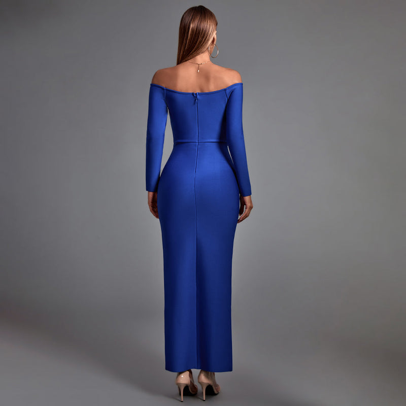 Blue Off Shoulder Long Sleeve Slit Maxi Bandage Dress PP22035