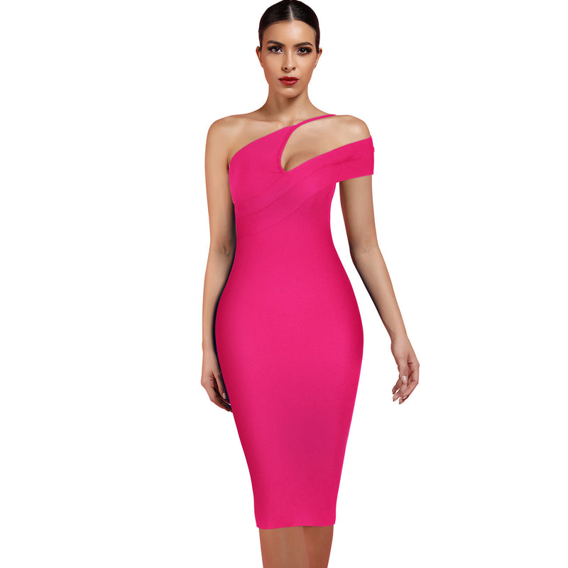 One Shoulder Short Sleeve Asymmetrical Over Knee Bandage Dress PZ19198