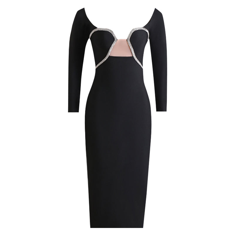 Square Collar Long Sleeve Rhinestone Midi Bodycon Dress PZC2328