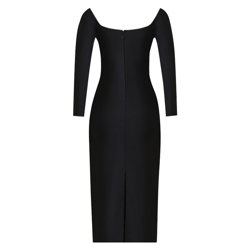Square Collar Long Sleeve Rhinestone Midi Bodycon Dress PZC2328