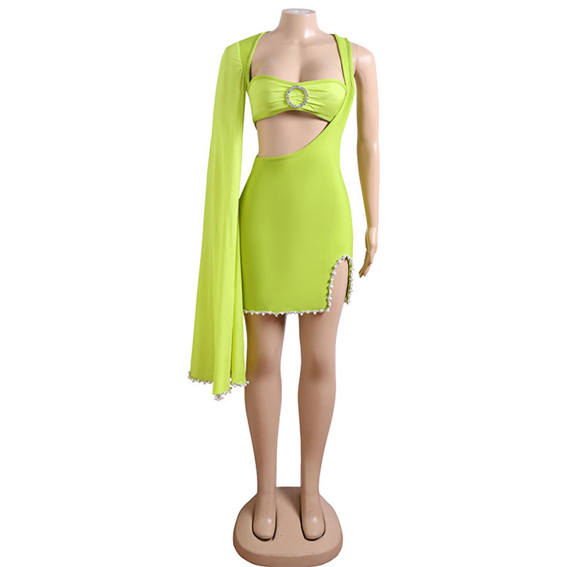 Square Collar Long Sleeve Pearl Mini Bandage Dress PZC2365