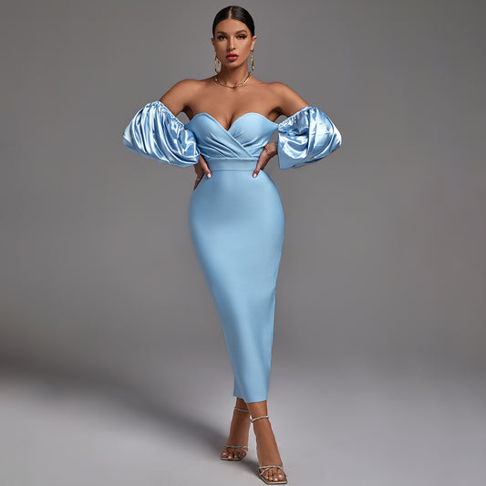 Off Shoulder Puff Sleeve Frill Backless Bandage Dress PZC831