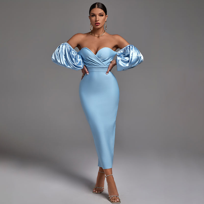 Off Shoulder Puff Sleeve Frill Backless Bandage Dress PZC831