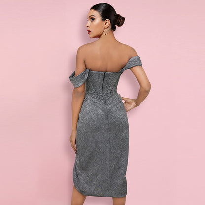 Off Shoulder Short Sleeve Wrinkled Over Knee Bodycon Dress HI1116