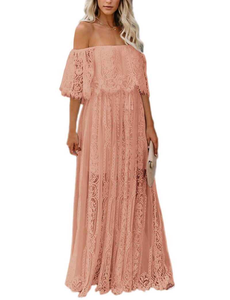 Off Shoulder Short Sleeve Floral Lace Bridesmaid Maxi Dress SN611491