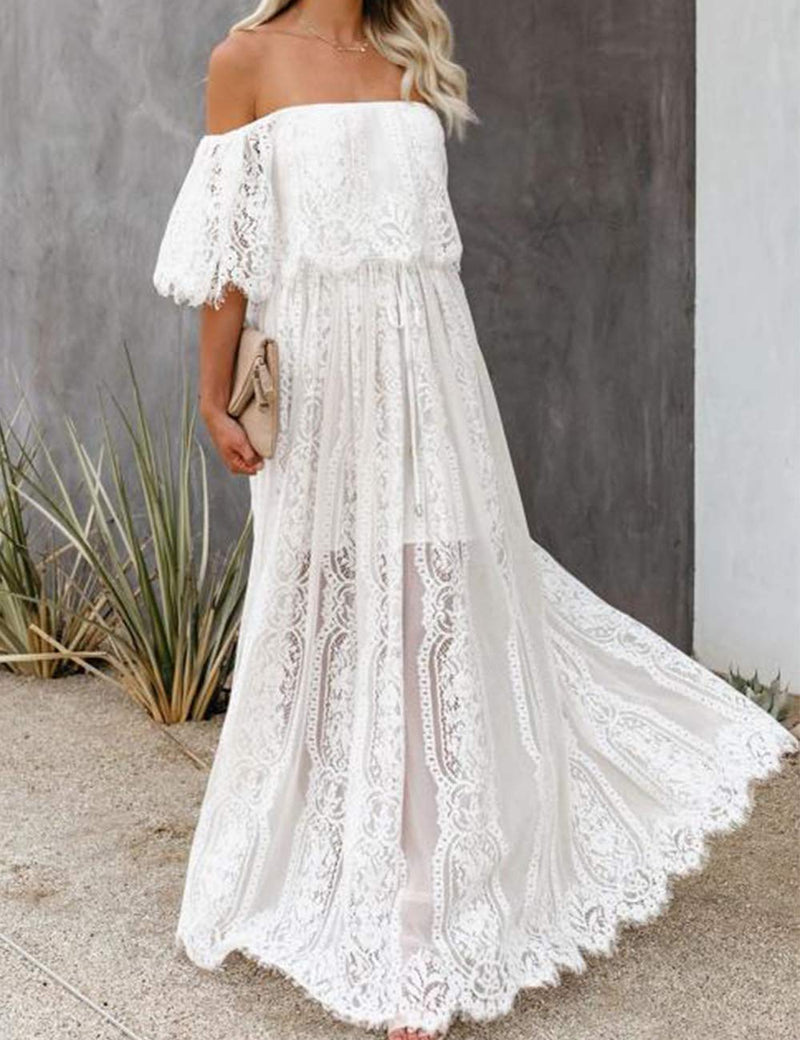 Off Shoulder Short Sleeve Floral Lace Bridesmaid Maxi Dress SN611491