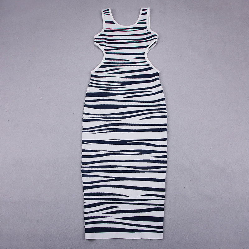 Strappy Sleeveless Zebra Stripes Midi Bandage Dress HL8635