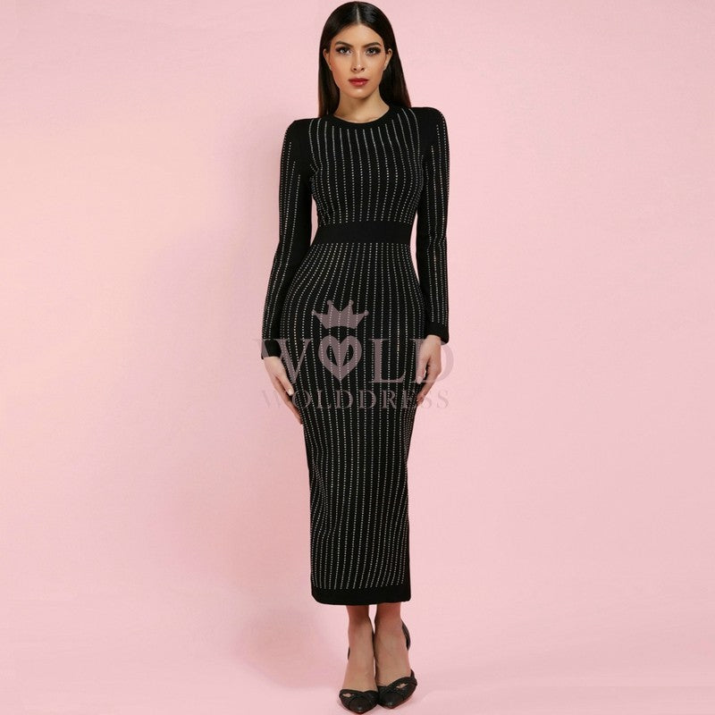 Round Neck Long Sleeve Rhinestone Over Knee Bandage Dress SP023 1 in wolddress