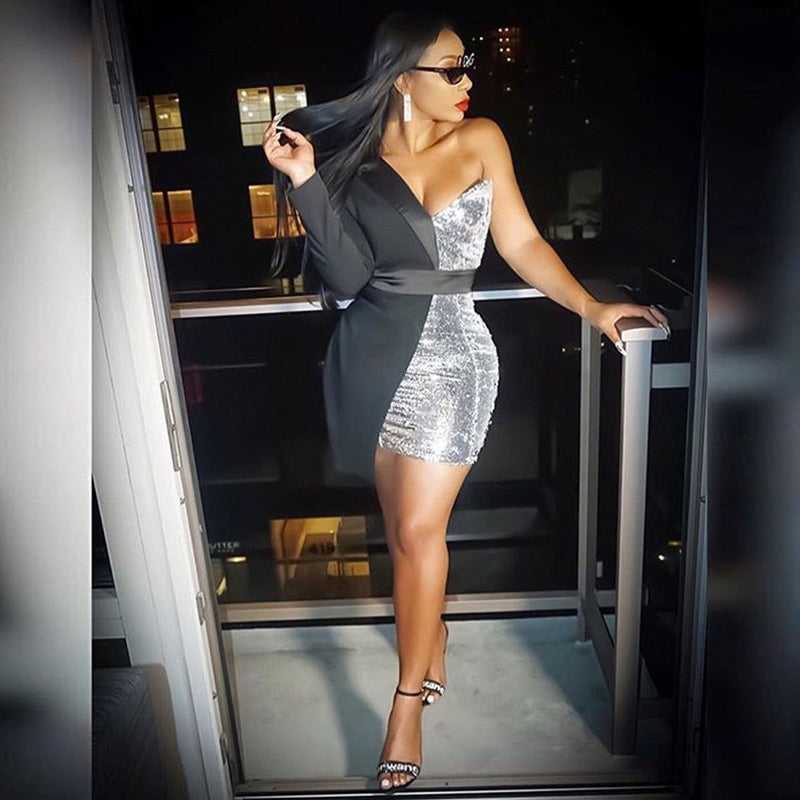 One Shoulder Long Sleeve Sequined Mini Bodycon Dress FSY19185 4 in wolddress
