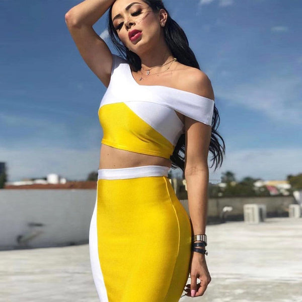 Strapless Short Sleeve Side Slit Midi Bandage Set H0212 1 in wolddress