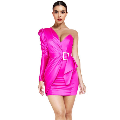 One Shoulder Long Sleeve Asymmetrical Mini Bodycon Dress HI1105 1 in wolddress
