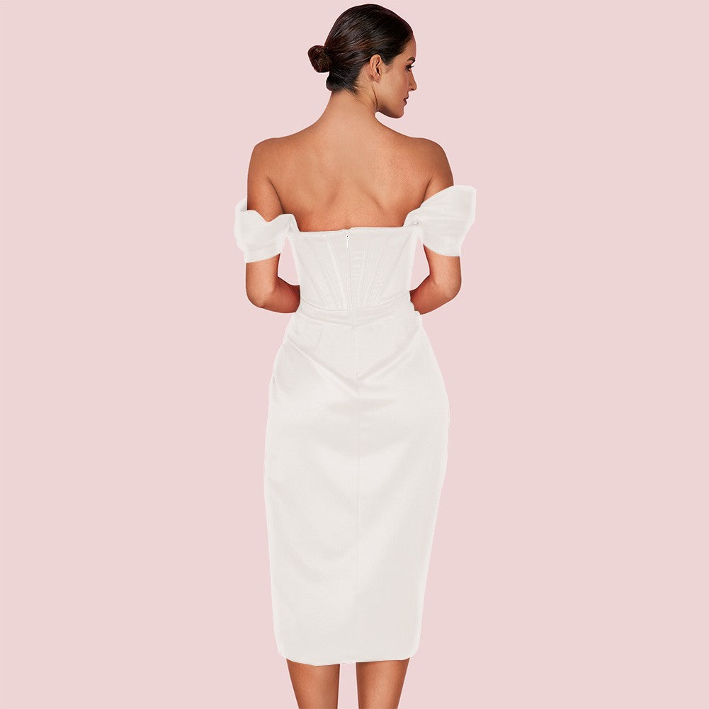 Off Shoulder Short Sleeve Wrinkled Over Knee Bodycon Dress HI1116 7 in wolddress