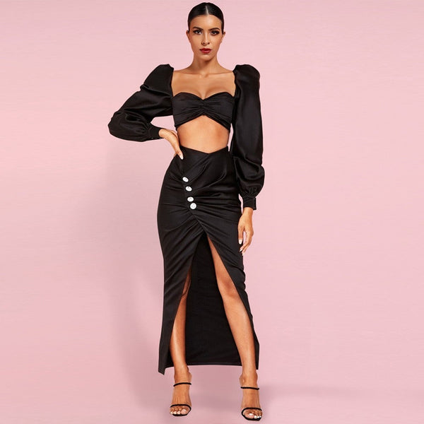 Square Collar Long Sleeve Slit Over Knee Bodycon Set HI1130 1 in wolddress