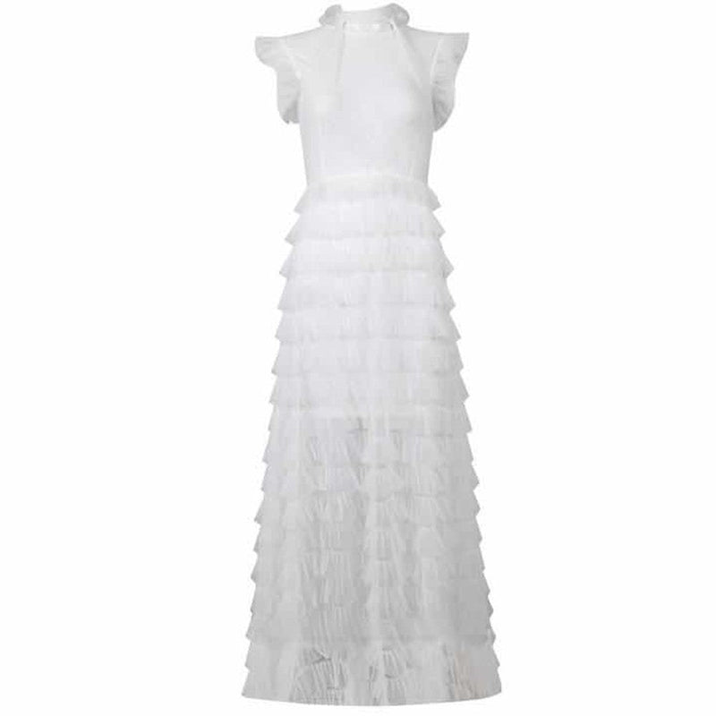 High Neck Short Sleeve Frill Maxi Bodycon Dress HT0916 2 in wolddress