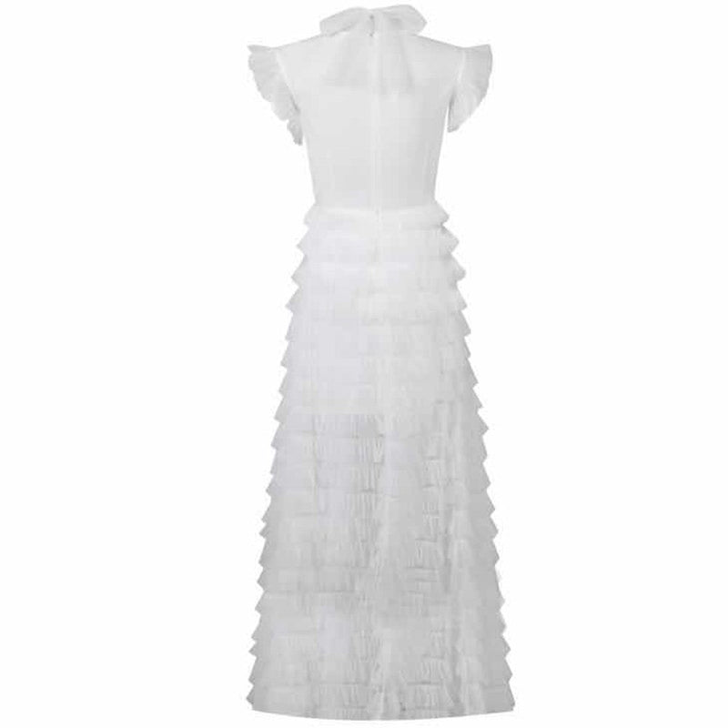 High Neck Short Sleeve Frill Maxi Bodycon Dress HT0916 3 in wolddress