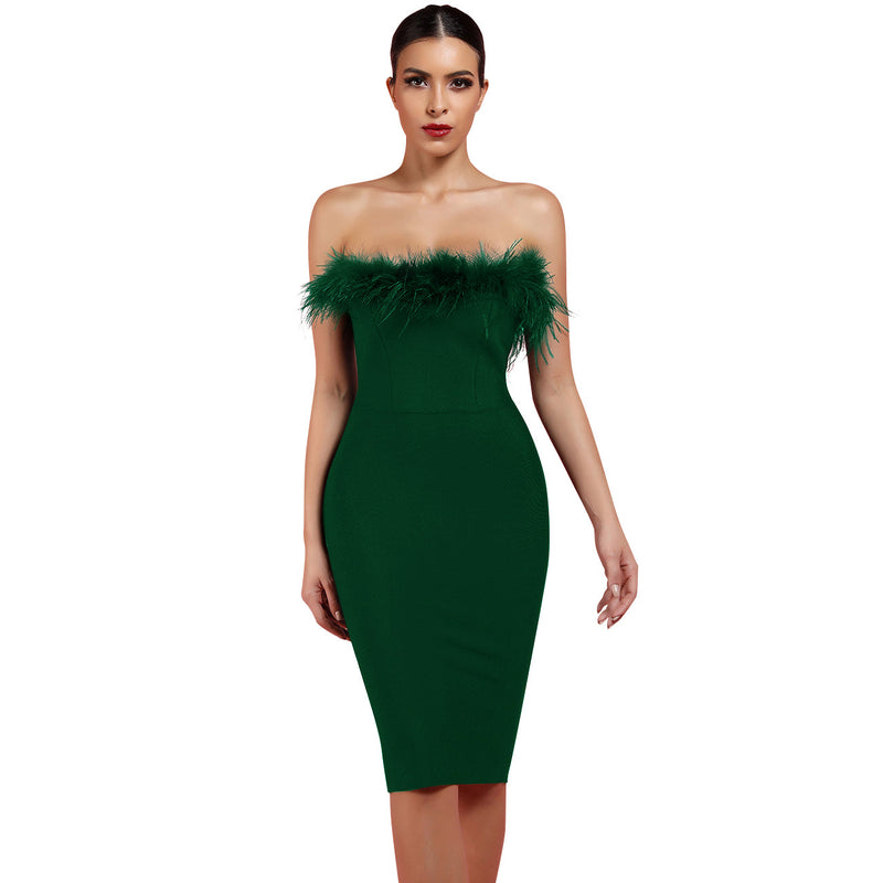 Strapless Sleeveless Plume Mini Bandage Dress PF1108