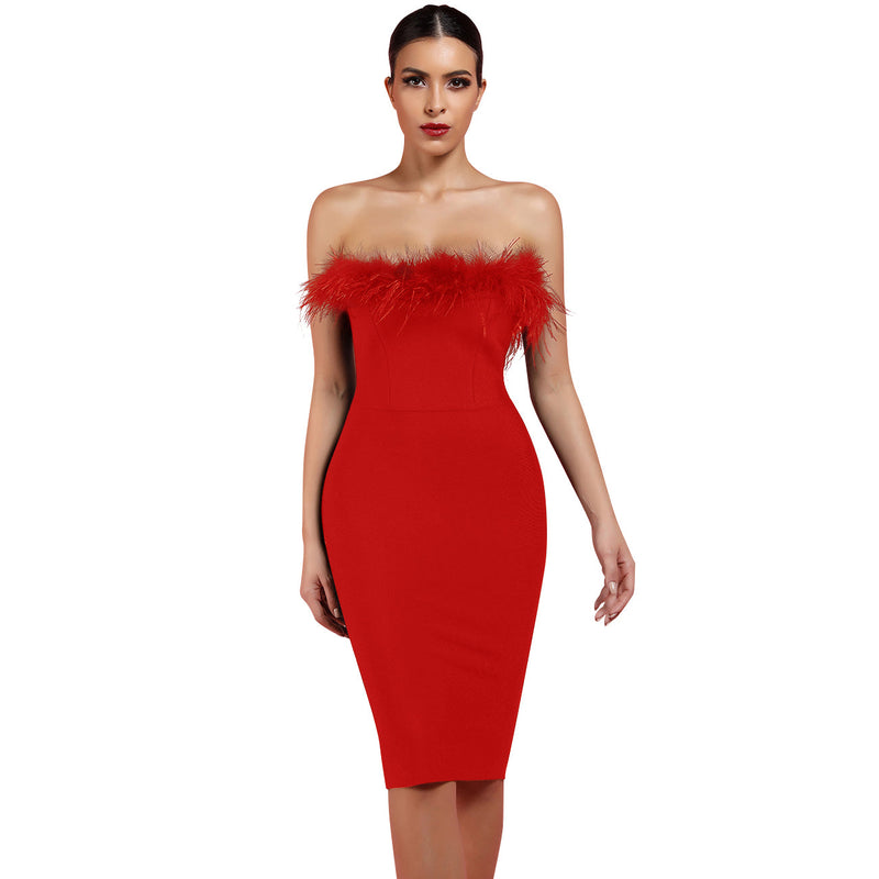 Strapless Sleeveless Plume Mini Bandage Dress PF1108