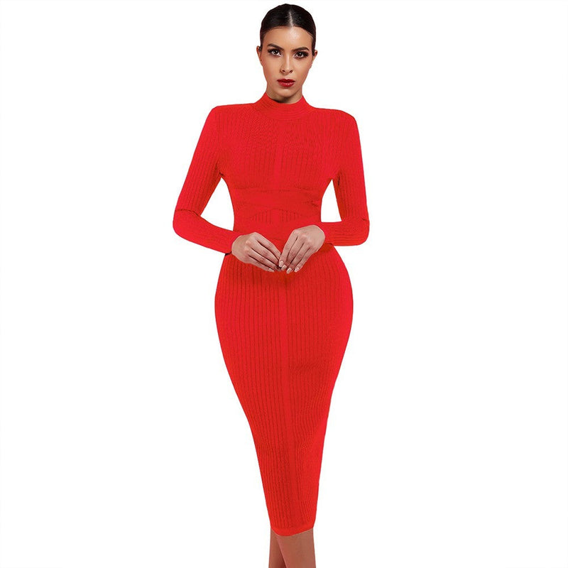 Round Neck Long Sleeve Striped Over Knee Bandage Dress PF1201 14 in wolddress