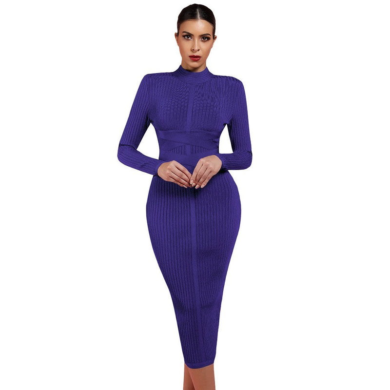 Round Neck Long Sleeve Striped Over Knee Bandage Dress PF1201 1 in wolddress