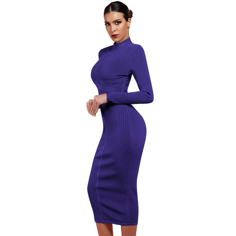 Round Neck Long Sleeve Striped Over Knee Bandage Dress PF1201 2 in wolddress