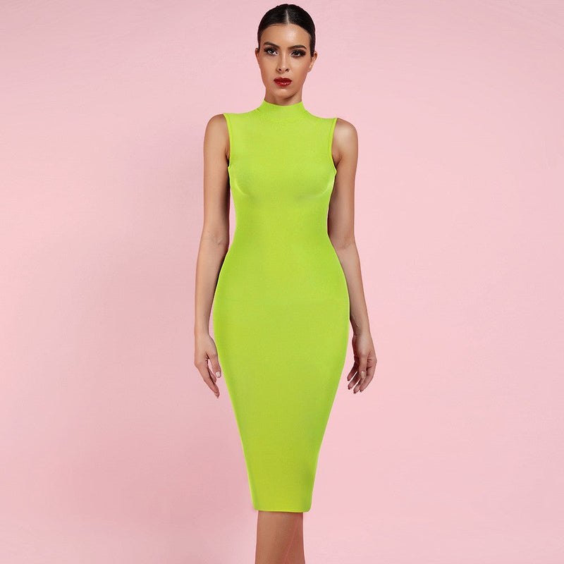 High Neck Sleeveless Plain Over Knee Bandage Dress PF19072 24 in wolddress