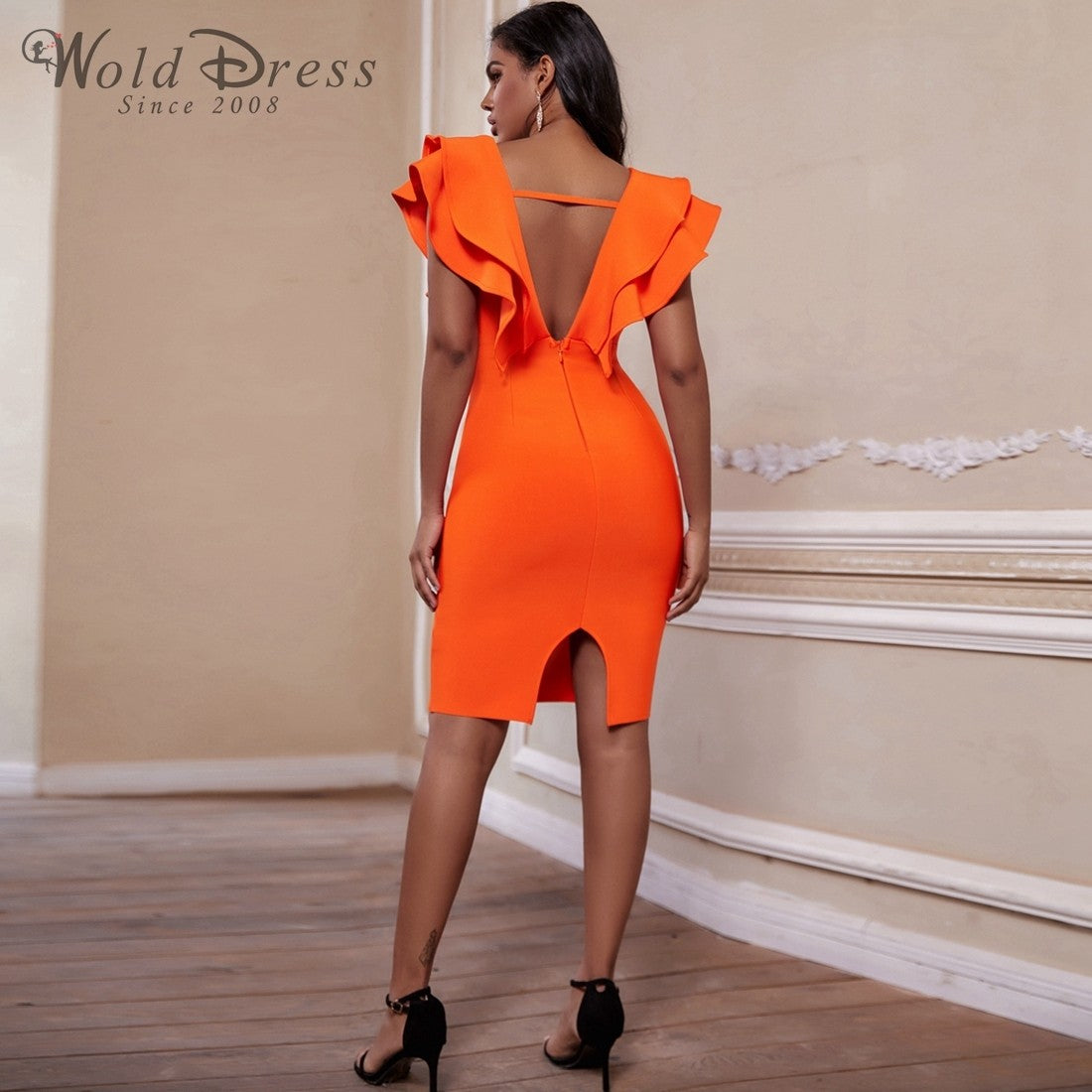 V Neck Sleeveless Frill Over Knee Bandage Dress PM19225 3 in wolddress