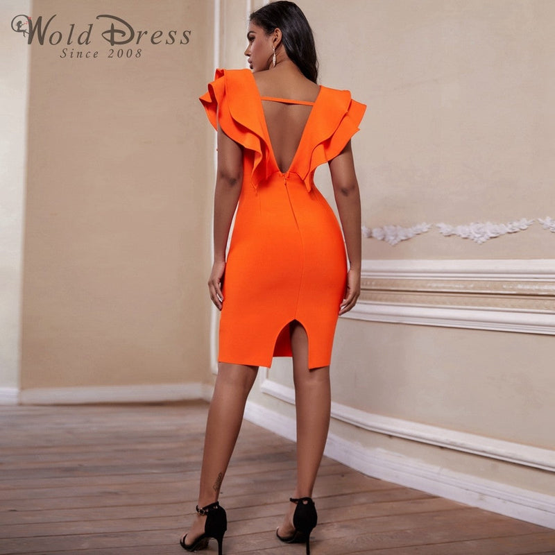 V Neck Sleeveless Frill Over Knee Bandage Dress PM19225 3 in wolddress