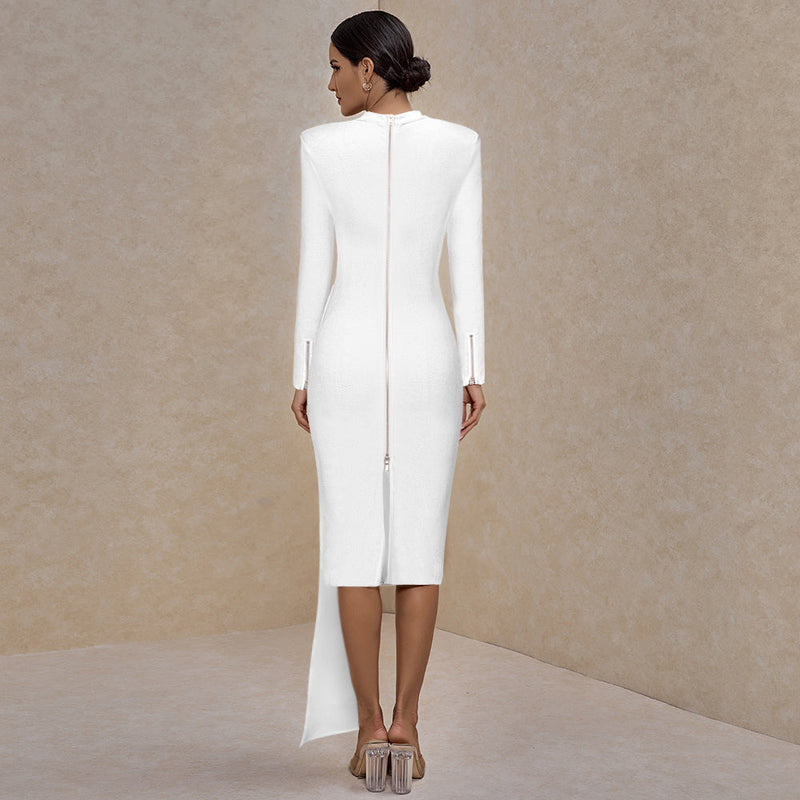 White Round Neck Long Sleeve Frill Midi Bandage Dress PP20007