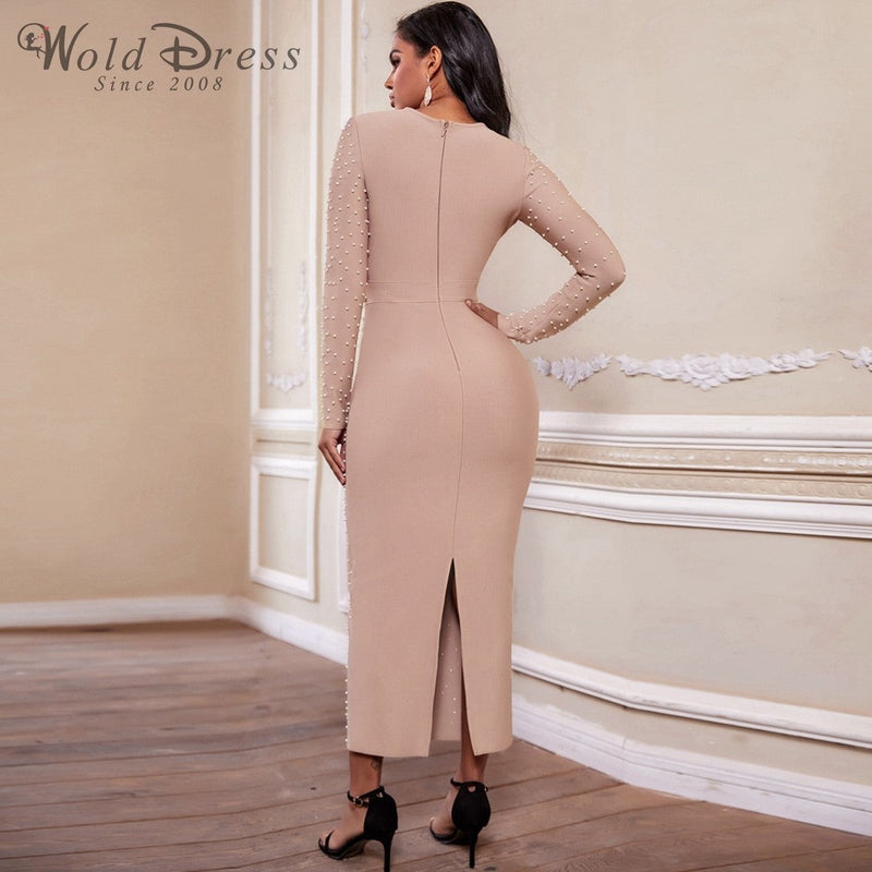 Round Neck Long Sleeve Beaded Maxi Bandage Dress PZ19233 2 in wolddress