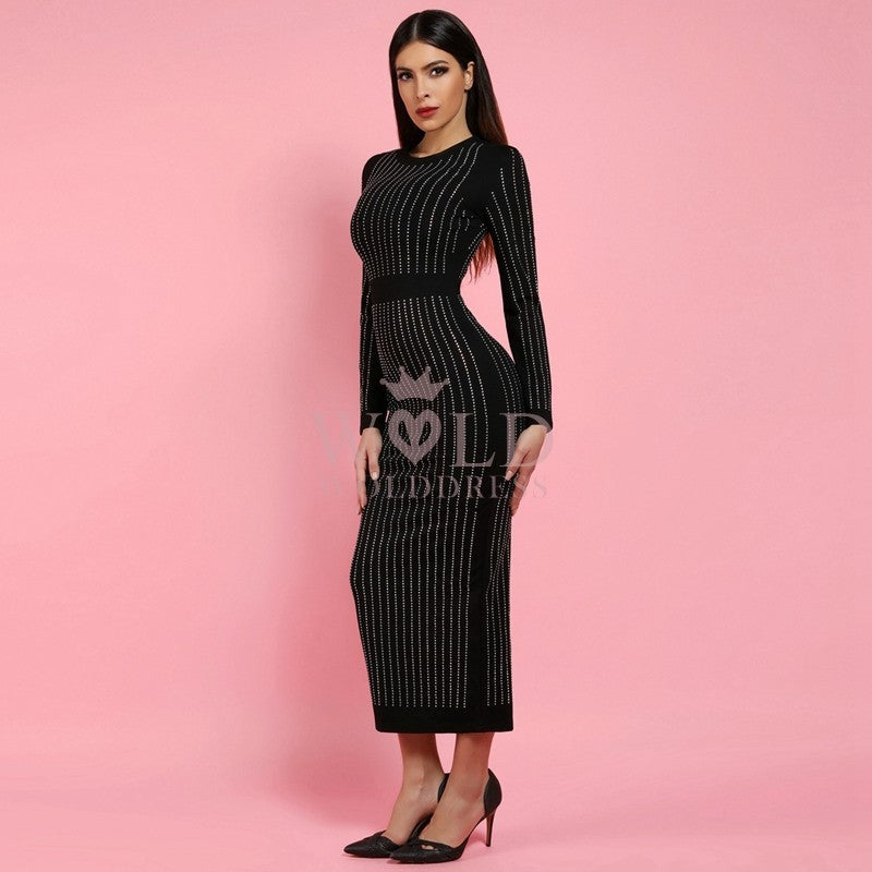 Round Neck Long Sleeve Rhinestone Over Knee Bandage Dress SP023 2 in wolddress