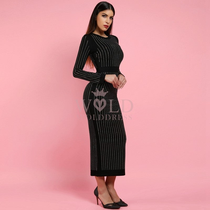 Round Neck Long Sleeve Rhinestone Over Knee Bandage Dress SP023 3 in wolddress